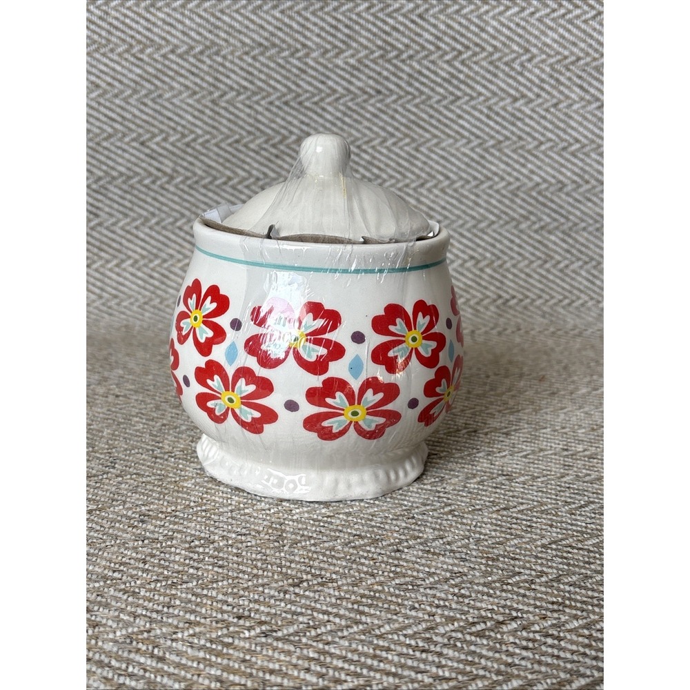 Pioneer Woman Stoneware Retro Flea Market Sugar Bowl & Lid Red Floral Canister - Picture 3 of 6